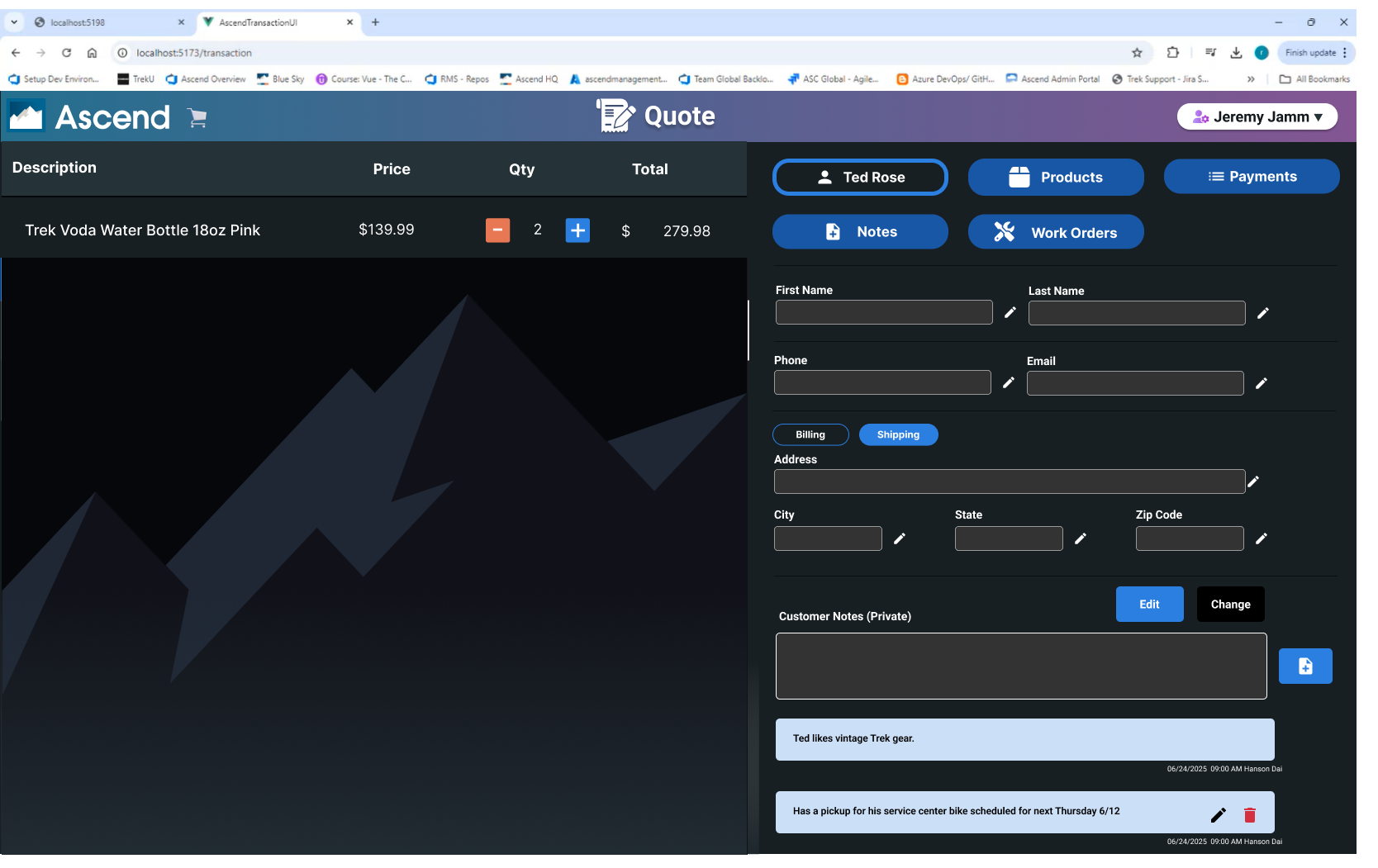 Screenshot of the checkout screen from AscendRMS software depicting open fields for filling in a customer's contact information.